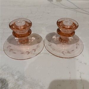 Vintage pink depression glass candlestick holder
